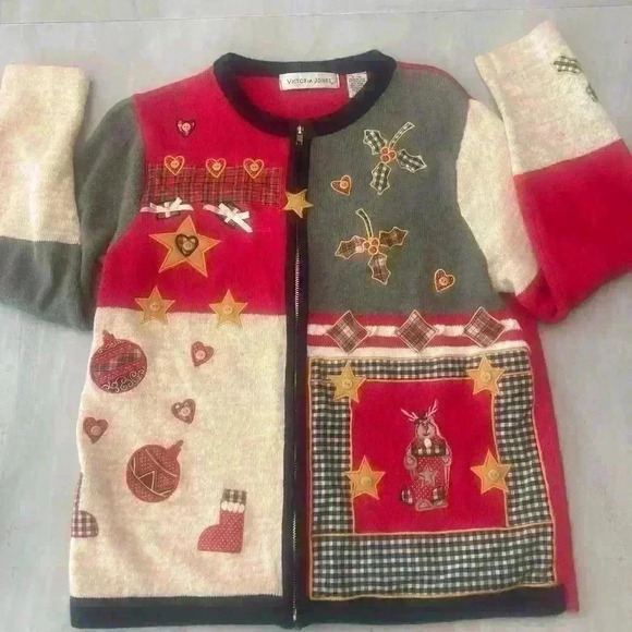 Vintage  Christmas Embroidered Sweater Patchwork  Medium Ugly Christmas Sweat - Picture 1 of 9